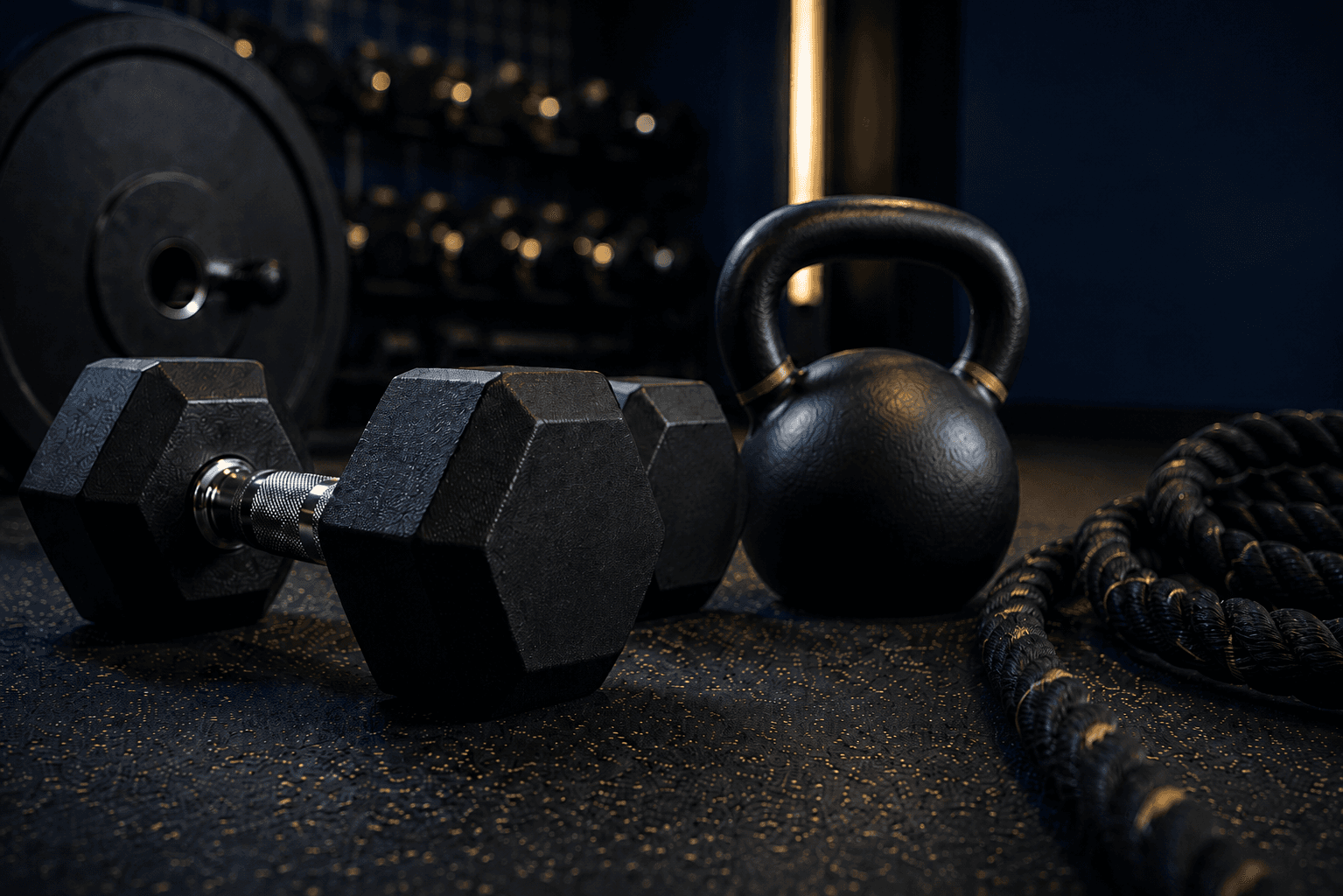 CoachRanker fitness training illustration featuring a workout bench, dumbbells, kettlebell, resistance bands, and exercise equipment